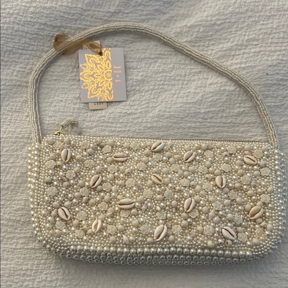 Elegant Beaded Cream Clutch
